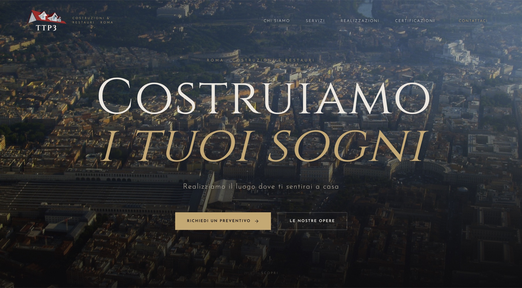 Homepage del nuovo sito TTP3, con palette nero e oro e fotografia panoramica di Roma