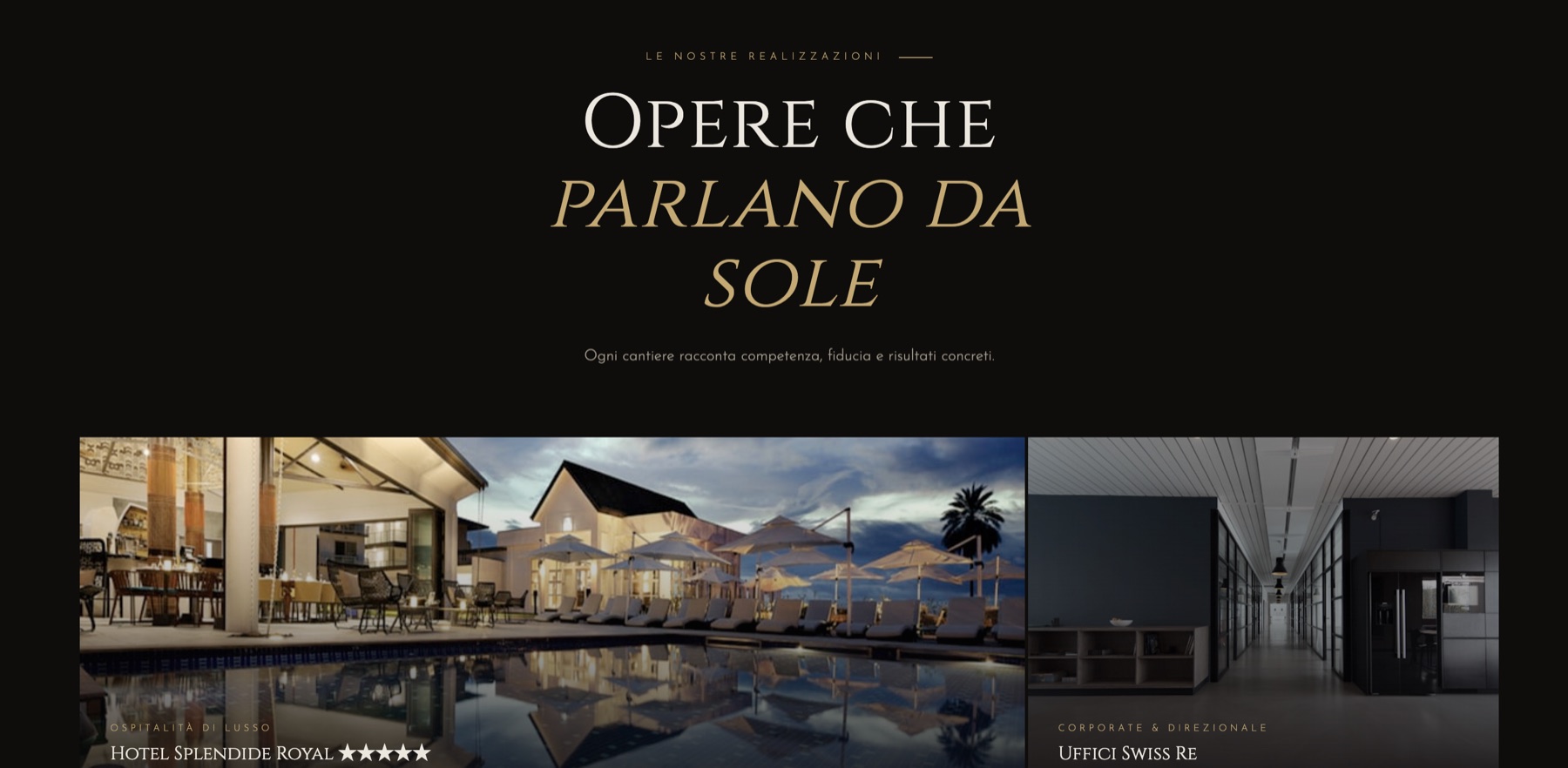 Sezione realizzazioni del nuovo sito TTP3, con fondo nero e grande griglia fotografica